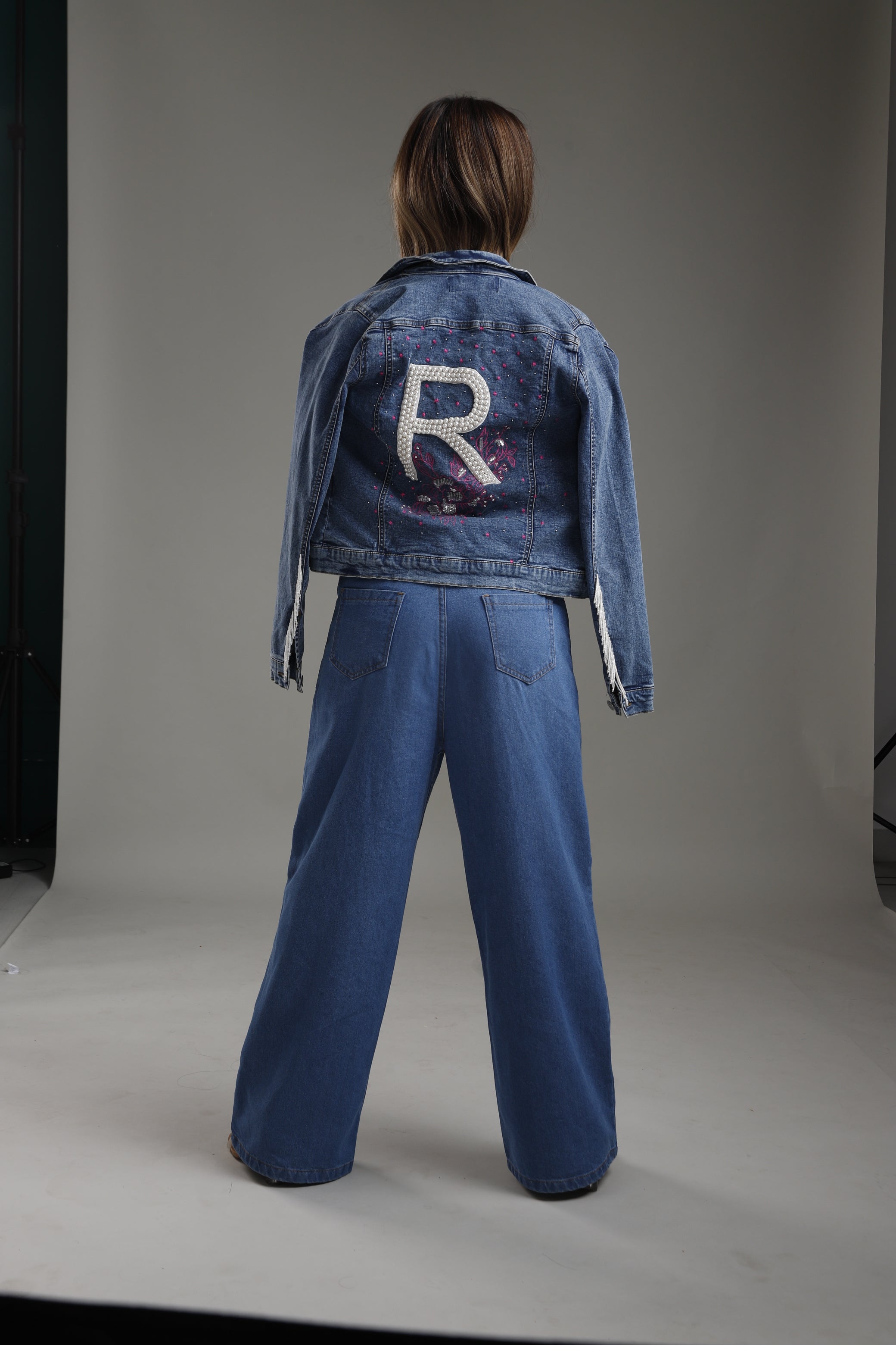 Customised letter jacket and heart jeans